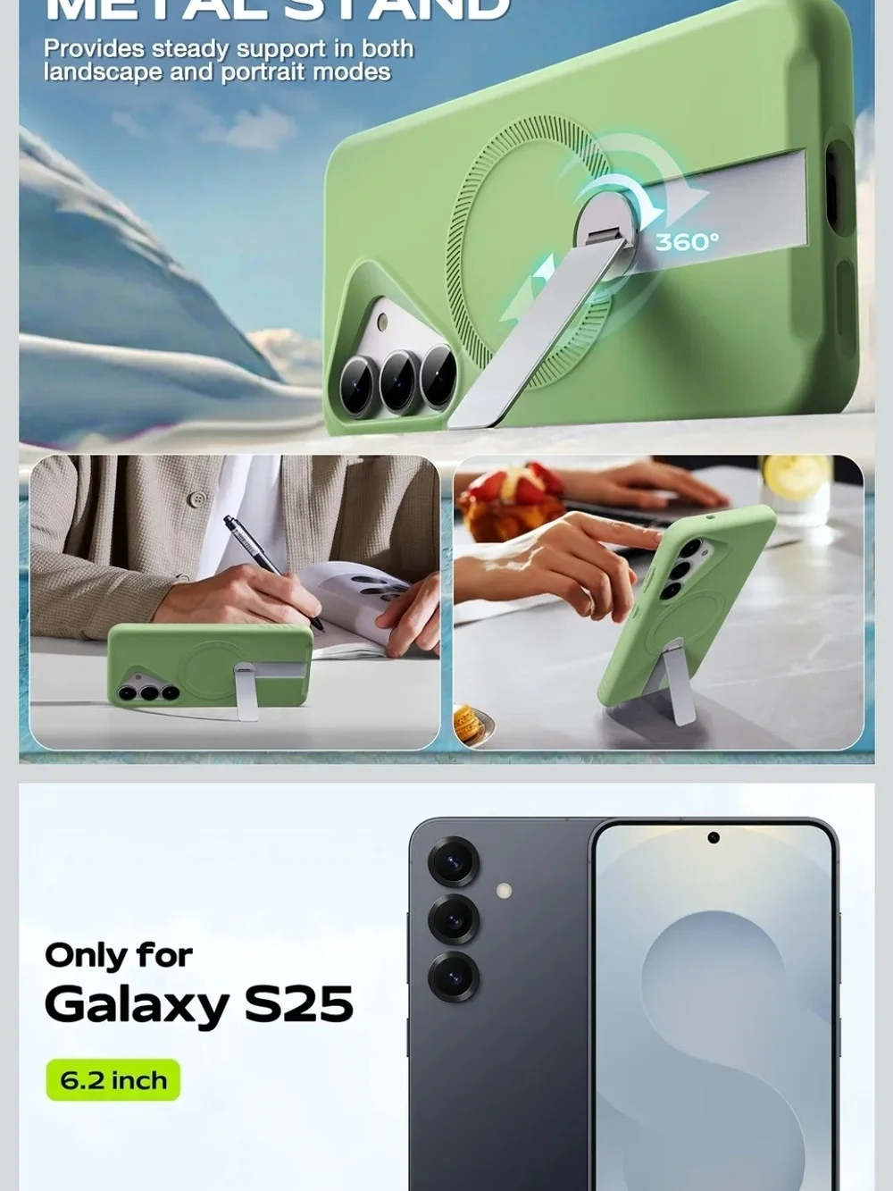 Samsung Galaxy S25 Plus Silicone Phone Case with Metal Kickstand - Green